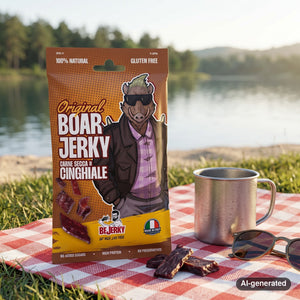BeJerky Boar Jerky Original on a checked picnic blanket by a lake on a summer day, with a steel cup and sunglasses, AI-generated image