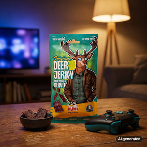 BeJerky Deer Jerky Original on a coffee table in the evening, with a game controller and a small bowl, AI-generated image