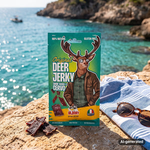 BeJerky Deer Jerky Original on a rock by a Mediterranean cove, with a towel and sunglasses, AI-generated image