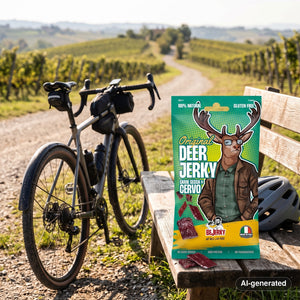 BeJerky Deer Jerky Original on a bench by a gravel road through vineyards, with a bike and a cycling helmet, AI-generated image
