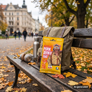 BeJerky Pork Jerky Original sticking out of a backpack on a park bench in autumn, with a water bottle and headphones, AI-generated image