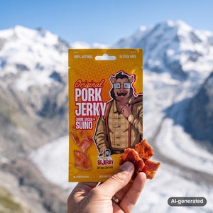 Hand holding BeJerky Pork Jerky Original in front of an alpine mountain landscape, AI-generated image