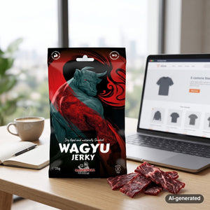 BeJerky Wagyu Jerky Original on a desk next to a laptop, a cup of coffee and a notebook, AI-generated image