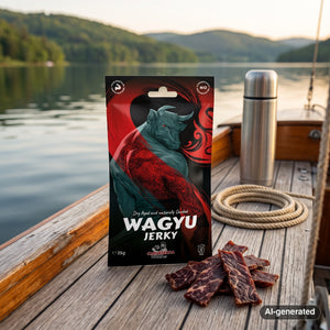BeJerky Wagyu Jerky Original on the deck of a small sailboat on a lake in the evening sun, with a rope and thermos, AI-generated image