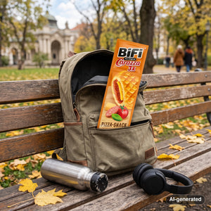 BiFi Carazza 3-pack sticking out of a backpack on a park bench in autumn, with a water bottle and headphones, AI-generated image