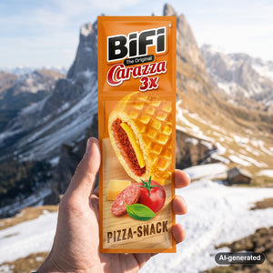 Hand holding BiFi Carazza 3-pack in front of an alpine mountain landscape, AI-generated image