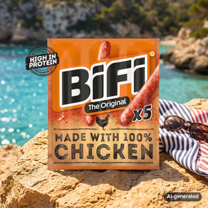 BiFi Chicken High Protein 5-pack on a rock by a Mediterranean cove, with a towel and sunglasses, AI-generated image