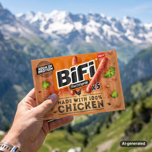 Hand holding BiFi Chicken High Protein 5-pack in front of an alpine mountain landscape, AI-generated image