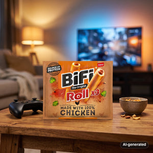 BiFi Chicken Roll 3-pack on a coffee table in the evening, with a game controller and a small bowl, AI-generated image