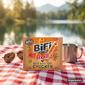 BiFi Chicken Roll 3-pack on a checked picnic blanket by a lake on a summer day, with a steel cup and sunglasses, AI-generated image