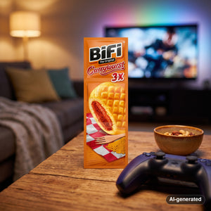 BiFi Currywurst 3-pack on a coffee table in the evening, with a game controller and a small bowl, AI-generated image