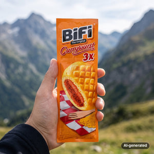 Hand holding BiFi Currywurst 3-pack in front of an alpine mountain landscape, AI-generated image