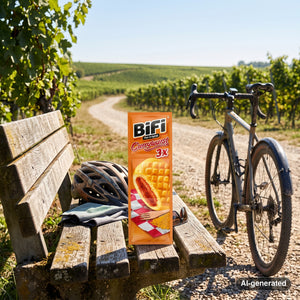 BiFi Currywurst 3-pack on a bench by a gravel road through vineyards, with a bike and a cycling helmet, AI-generated image