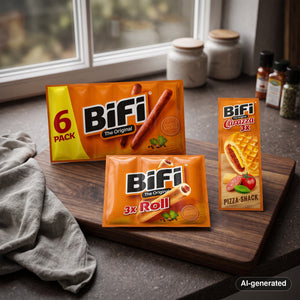 BiFi Starter Pack on a dark wooden cutting board on a kitchen counter in soft window light, AI-generated image