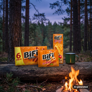BiFi Starter Pack on a log by a campfire in a pine forest at dusk, with an enamel mug, AI-generated image