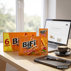 BiFi Starter Pack on a desk next to a laptop, a cup of coffee and a notebook, AI-generated image