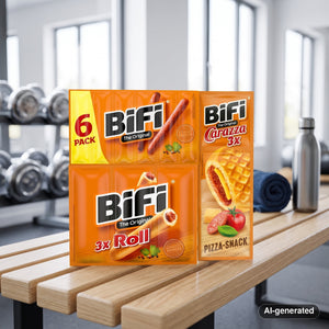 BiFi Starter Pack on a gym bench, with dumbbells, a towel and a water bottle in the background, AI-generated image