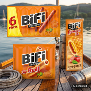 BiFi Starter Pack on the deck of a small sailboat on a lake in the evening sun, with a rope and thermos, AI-generated image