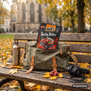 BiFi Tasty Bites Hungarian Paprika sticking out of a backpack on a park bench in autumn, with a water bottle and headphones, AI-generated image