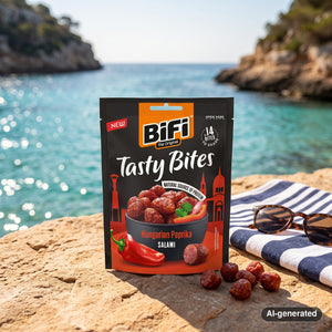 BiFi Tasty Bites Hungarian Paprika on a rock by a Mediterranean cove, with a towel and sunglasses, AI-generated image