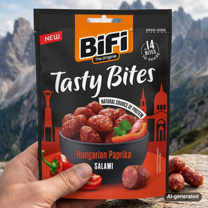 Hand holding BiFi Tasty Bites Hungarian Paprika in front of an alpine mountain landscape, AI-generated image