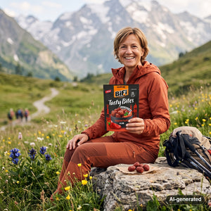 Hiker taking a break on an alpine meadow holding BiFi Tasty Bites Hungarian Paprika, AI-generated image