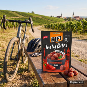 BiFi Tasty Bites Hungarian Paprika on a bench by a gravel road through vineyards, with a bike and a cycling helmet, AI-generated image