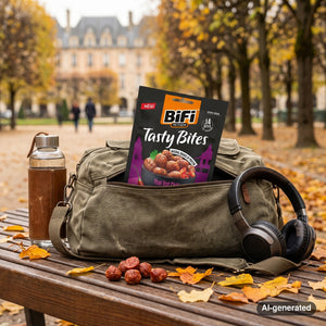 BiFi Tasty Bites Thai Hot Chili sticking out of a backpack on a park bench in autumn, with a water bottle and headphones, AI-generated image