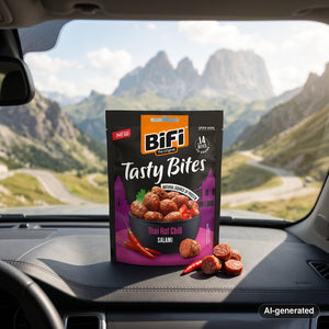 BiFi Tasty Bites Thai Hot Chili on the dashboard of a car at a mountain pass viewpoint, AI-generated image