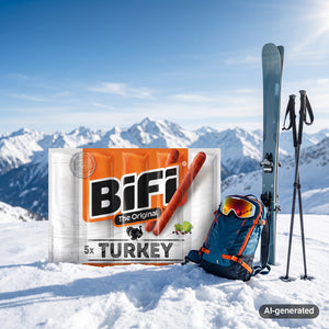 BiFi Turkey 5-pack in the snow next to touring skis and poles on a sunny winter day in the Alps, AI-generated image