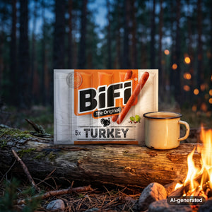 BiFi Turkey 5-pack on a log by a campfire in a pine forest at dusk, with an enamel mug, AI-generated image