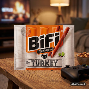 BiFi Turkey 5-pack on a coffee table in the evening, with a game controller and a small bowl, AI-generated image
