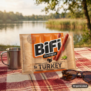 BiFi Turkey 5-pack on a checked picnic blanket by a lake on a summer day, with a steel cup and sunglasses, AI-generated image