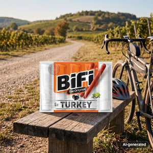 BiFi Turkey 5-pack on a bench by a gravel road through vineyards, with a bike and a cycling helmet, AI-generated image
