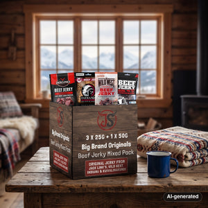 Big Brand Originals Beef Jerky Mixed Pack on a wooden table in a mountain cabin, with a wool blanket, an enamel mug and snowy mountains outside, AI-generated image