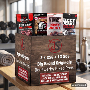 Big Brand Originals Beef Jerky Mixed Pack on a gym bench, with dumbbells, a towel and a water bottle in the background, AI-generated image