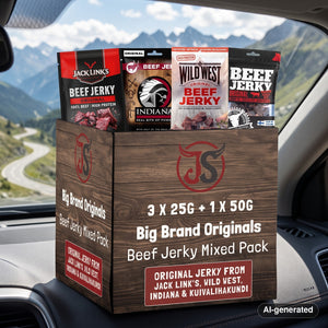 Big Brand Originals Beef Jerky Mixed Pack on the dashboard of a car at a mountain pass viewpoint, AI-generated image