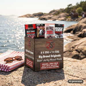 Big Brand Originals Beef Jerky Mixed Pack on a smooth coastal rock by the sea, with a towel and sunglasses, AI-generated image