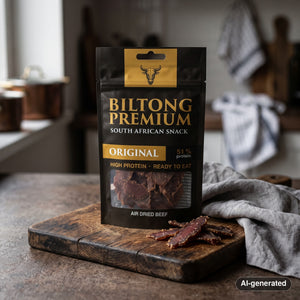 Biltong Premium Biltong Original on a dark wooden cutting board on a kitchen counter in soft window light, AI-generated image
