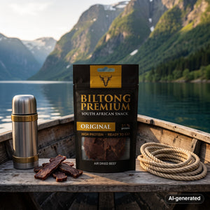 Biltong Premium Biltong Original on the deck of a small boat on a fjord, with a rope and thermos in the evening sun, AI-generated image