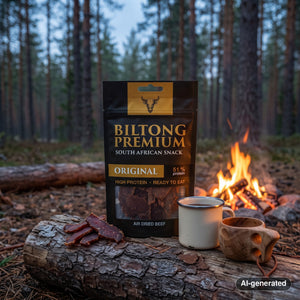 Biltong Premium Biltong Original on a log by a campfire in a pine forest at dusk, with an enamel mug and a wooden cup, AI-generated image