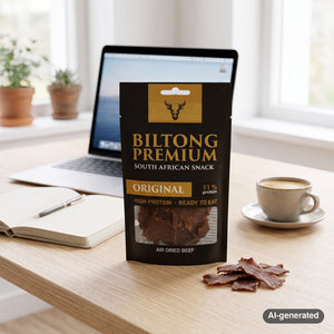 Biltong Premium Biltong Original on a desk next to a laptop, a cup of coffee and a notebook, AI-generated image