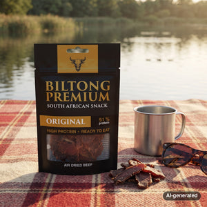 Biltong Premium Biltong Original on a checked picnic blanket by a lake on a summer day, with a steel cup and sunglasses, AI-generated image