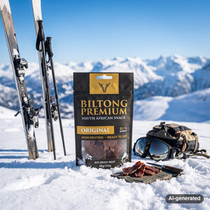 Biltong Premium Biltong Original in the snow next to touring skis and poles on a sunny winter day in the mountains, AI-generated image