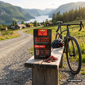 Biltong Premium Biltong Piri Piri on a bench by a gravel road, with a bike and a cycling helmet, AI-generated image