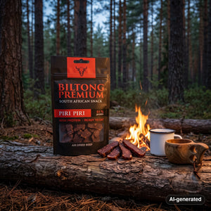 Biltong Premium Biltong Piri Piri on a log by a campfire in a pine forest at dusk, with an enamel mug and a wooden cup, AI-generated image