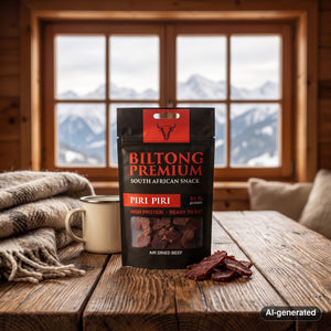 Biltong Premium Biltong Piri Piri on a wooden table in a mountain chalet, with a wool blanket, an enamel mug and snowy mountains outside, AI-generated image
