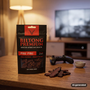 Biltong Premium Biltong Piri Piri on a coffee table in the evening, with a game controller and a small bowl, AI-generated image
