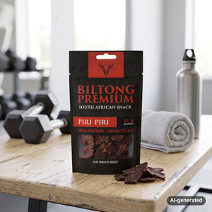 Biltong Premium Biltong Piri Piri on a gym bench, with dumbbells, a towel and a water bottle in the background, AI-generated image