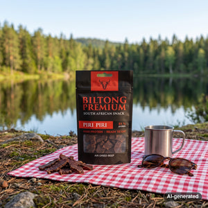Biltong Premium Biltong Piri Piri on a checked picnic blanket by a forest lake on a summer day, with a steel cup and sunglasses, AI-generated image